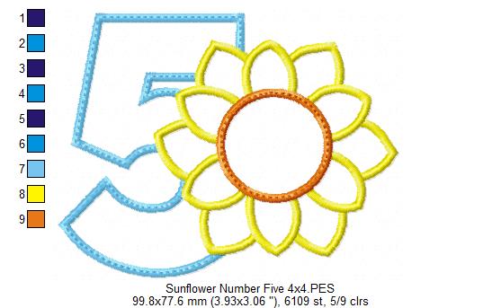 Sunflower Number 5 Five 5th Birthday - Applique