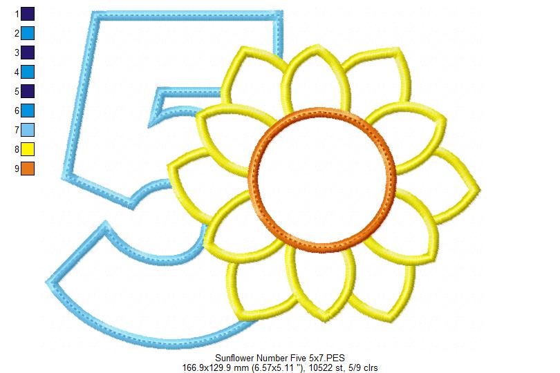 Sunflower Number 5 Five 5th Birthday - Applique