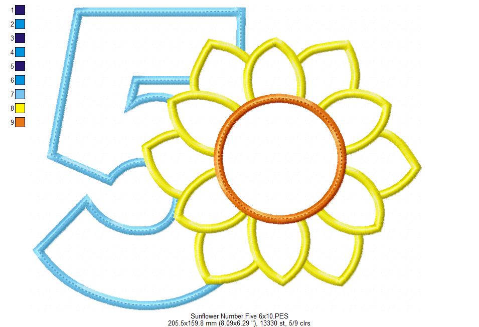 Sunflower Number 5 Five 5th Birthday - Applique