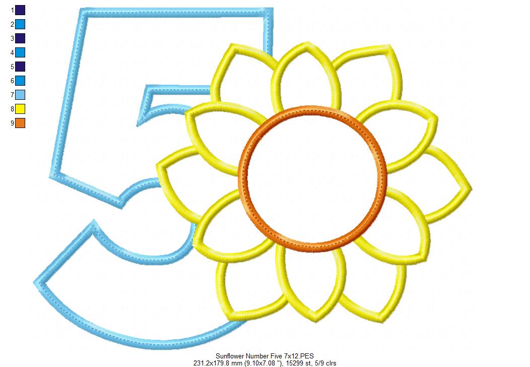 Sunflower Number 5 Five 5th Birthday - Applique