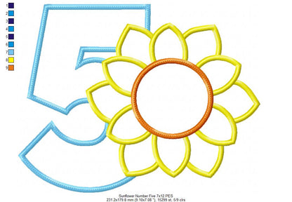 Sunflower Number 5 Five 5th Birthday - Applique