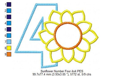 Sunflower Number 4 Four 4th birthday - Applique