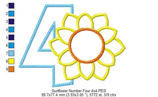 Sunflower Number 4 Four 4th birthday - Applique