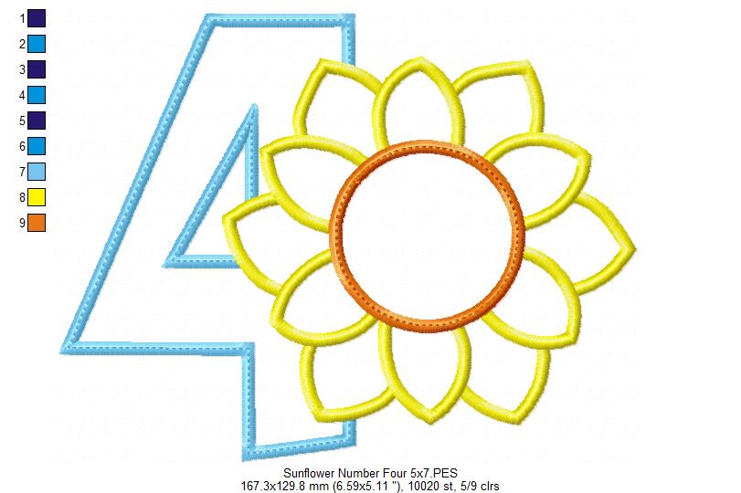 Sunflower Number 4 Four 4th birthday - Applique