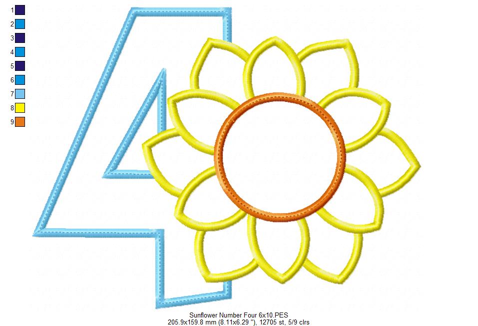 Sunflower Number 4 Four 4th birthday - Applique