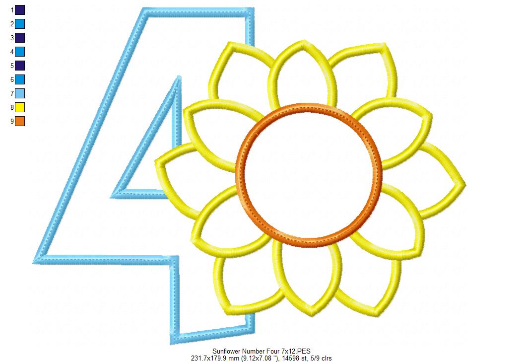 Sunflower Number 4 Four 4th birthday - Applique