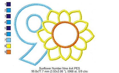 Sunflower Number 9 Nine 9th Birthday - Applique