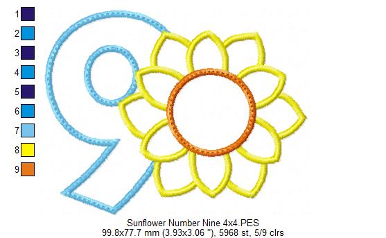 Sunflower Number 9 Nine 9th Birthday - Applique