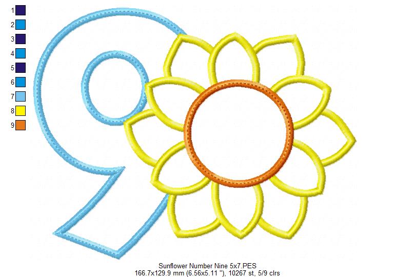 Sunflower Number 9 Nine 9th Birthday - Applique