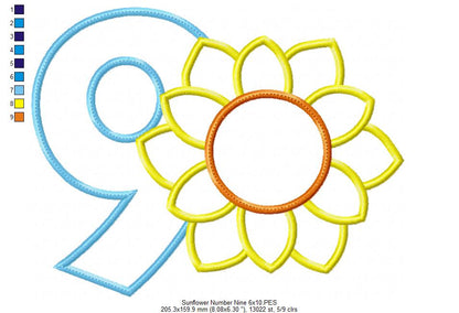 Sunflower Number 9 Nine 9th Birthday - Applique