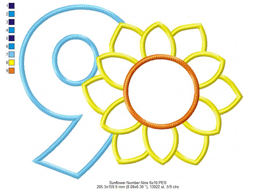 Sunflower Number 9 Nine 9th Birthday - Applique