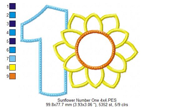Sunflower Number 1 One 1st Birthday - Applique