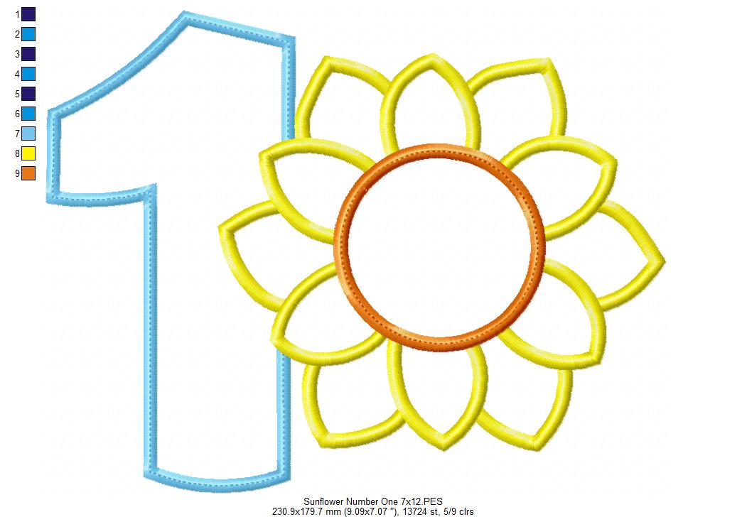 Sunflower Number 1 One 1st Birthday - Applique