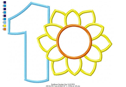 Sunflower Number 1 One 1st Birthday - Applique