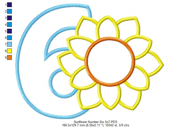 Sunflower Number 6 Six 6th Birthday - Applique