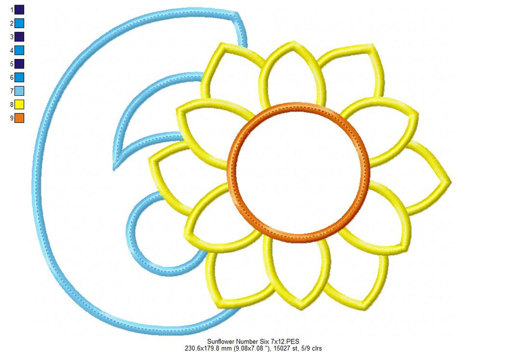 Sunflower Number 6 Six 6th Birthday - Applique