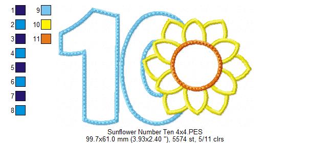Sunflower Number Ten 10 Tenth Birthday - Applique