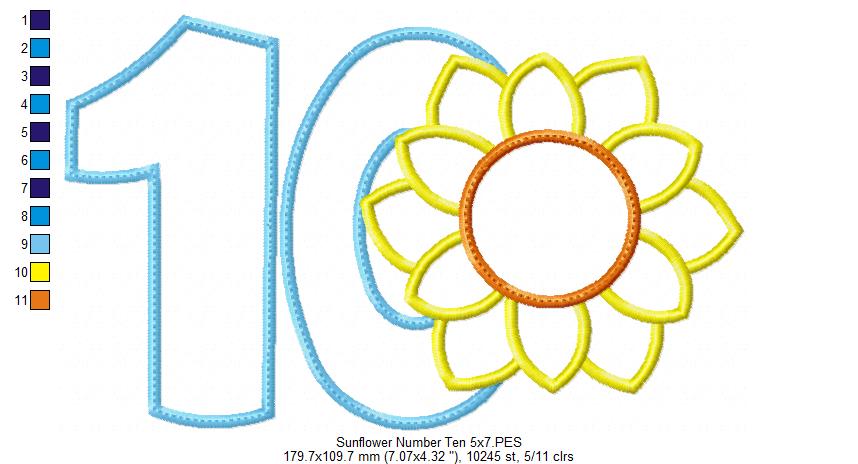 Sunflower Number Ten 10 Tenth Birthday - Applique