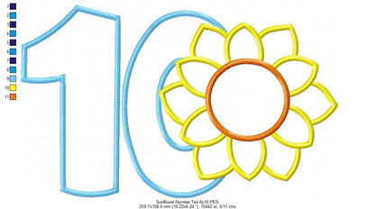 Sunflower Number Ten 10 Tenth Birthday - Applique
