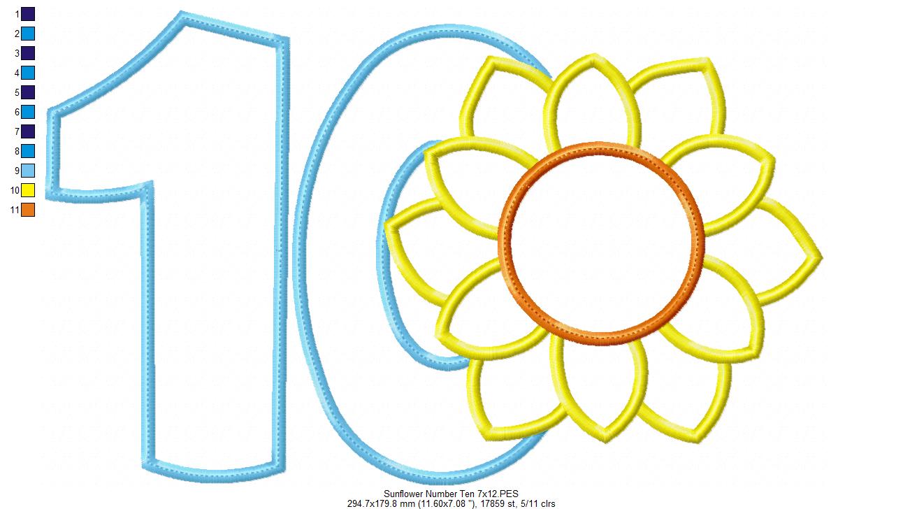 Sunflower Number Ten 10 Tenth Birthday - Applique
