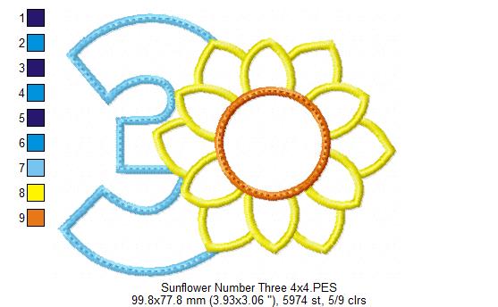 Sunflower Number 3 Three 3rd Birthday - Applique