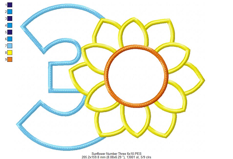 Sunflower Number 3 Three 3rd Birthday - Applique