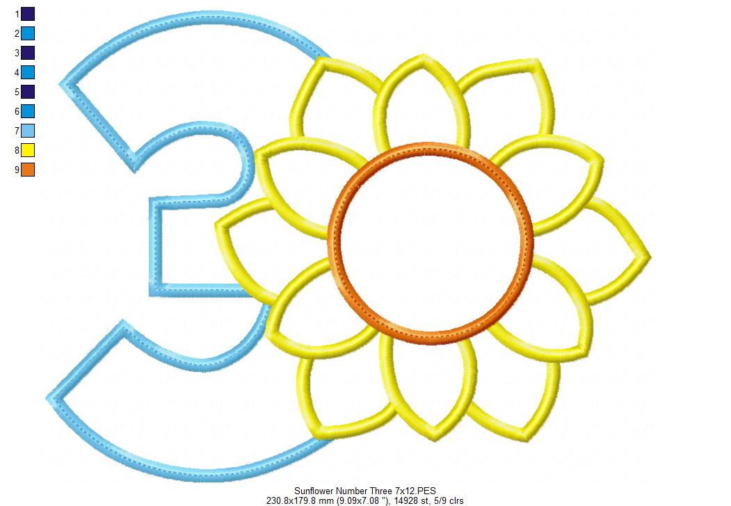 Sunflower Number 3 Three 3rd Birthday - Applique