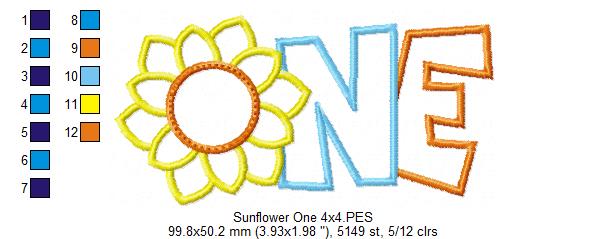 Sunflower Number 1 One 1st Birthday - Applique
