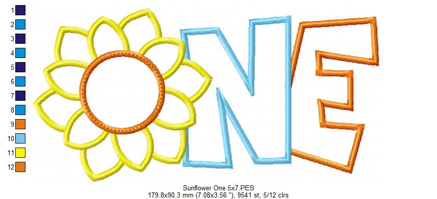 Sunflower Number 1 One 1st Birthday - Applique