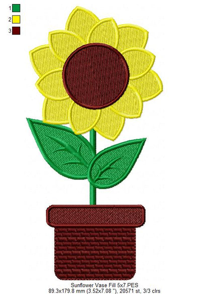 Cute Summer Sunflower Vase - Fill Stitch