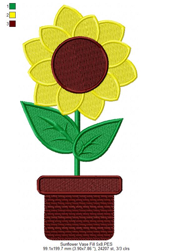 Cute Summer Sunflower Vase - Fill Stitch