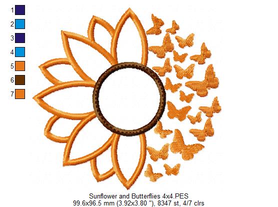 Summer Sunflower and Butterflies - Applique - Machine Embroidery Design