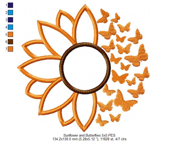 Summer Sunflower and Butterflies - Applique - Machine Embroidery Design