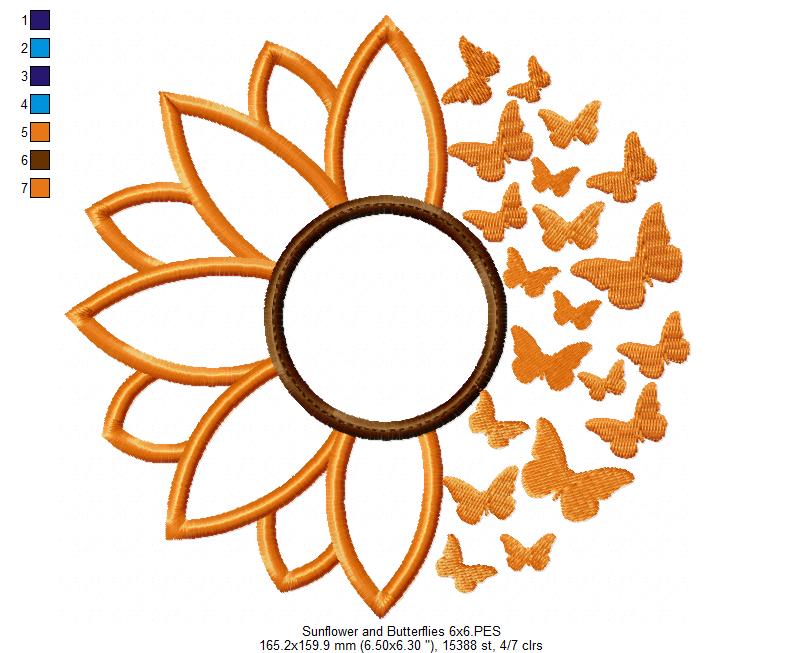 Summer Sunflower and Butterflies - Applique - Machine Embroidery Design