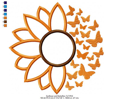 Summer Sunflower and Butterflies - Applique - Machine Embroidery Design