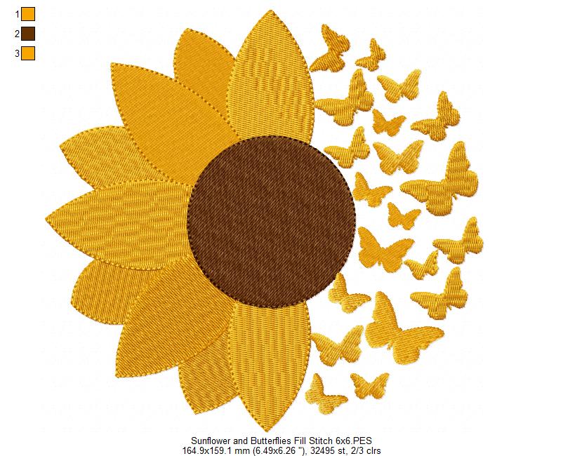 Summer Sunflower and Butterflies - Fill Stitch