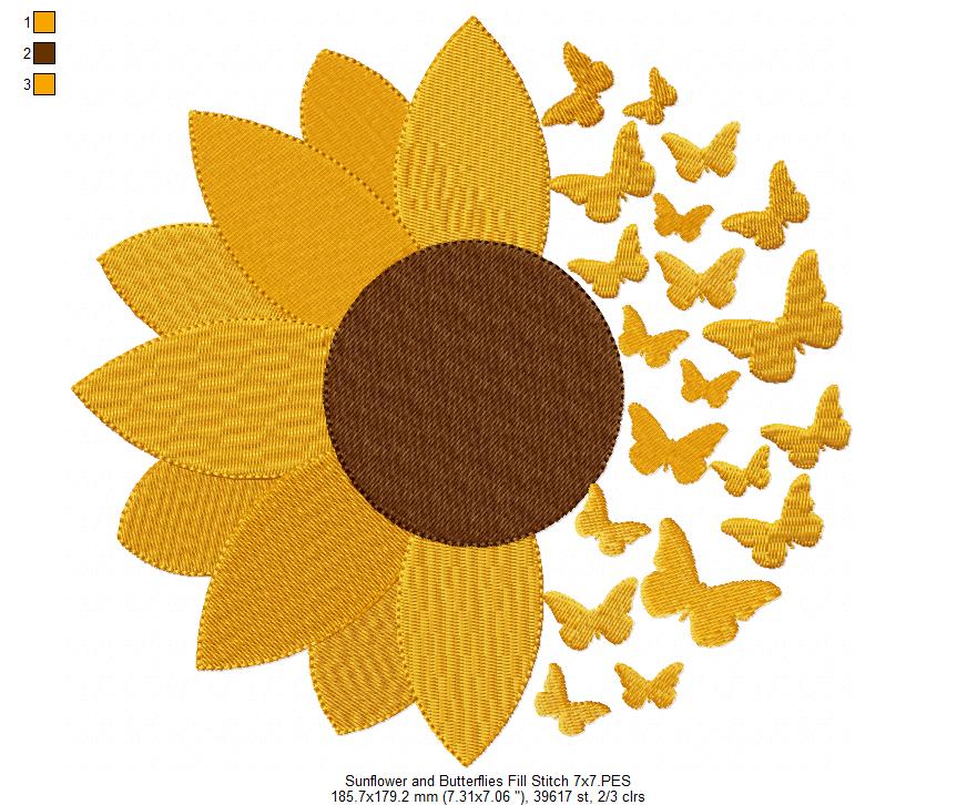 Summer Sunflower and Butterflies - Fill Stitch