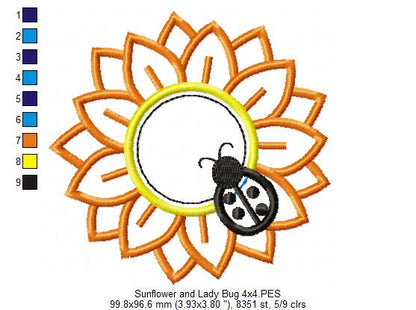 Sunflower with Ladybug – Appliqué – Machine Embroidery Design