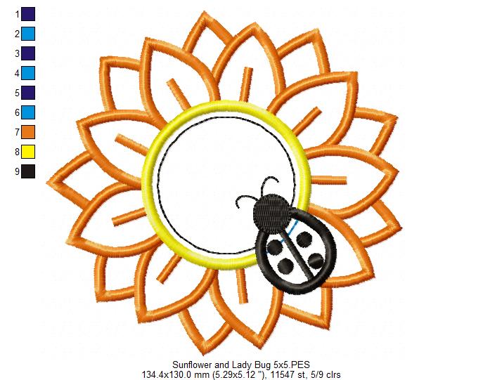 Sunflower with Ladybug – Appliqué – Machine Embroidery Design