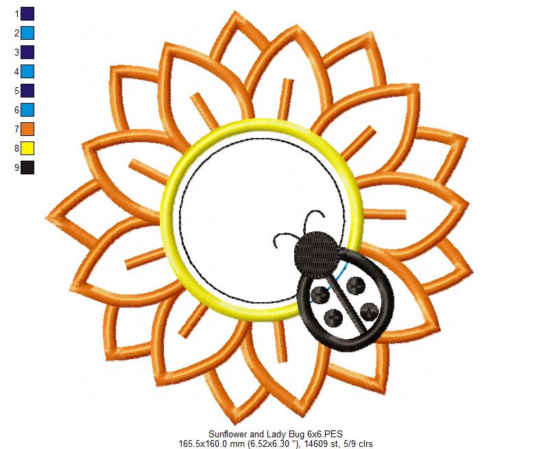 Sunflower with Ladybug – Appliqué – Machine Embroidery Design