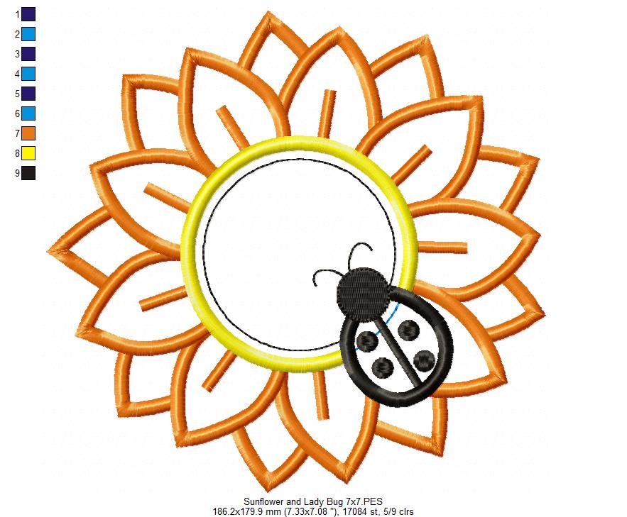Sunflower with Ladybug – Appliqué – Machine Embroidery Design