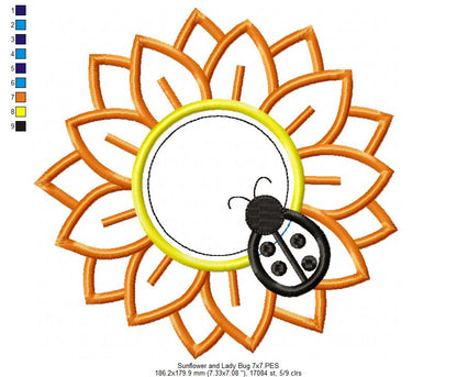 Sunflower with Ladybug – Appliqué – Machine Embroidery Design