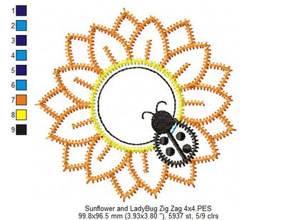 Sunflower with Ladybug – Zigzag Appliqué – Machine Embroidery Design