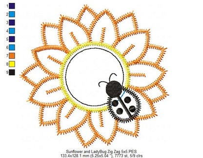 Sunflower with Ladybug – Zigzag Appliqué – Machine Embroidery Design