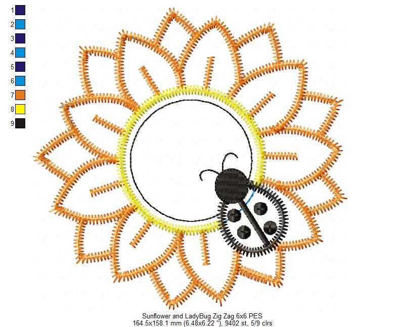 Sunflower with Ladybug – Zigzag Appliqué – Machine Embroidery Design