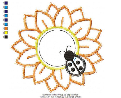 Sunflower with Ladybug – Zigzag Appliqué – Machine Embroidery Design