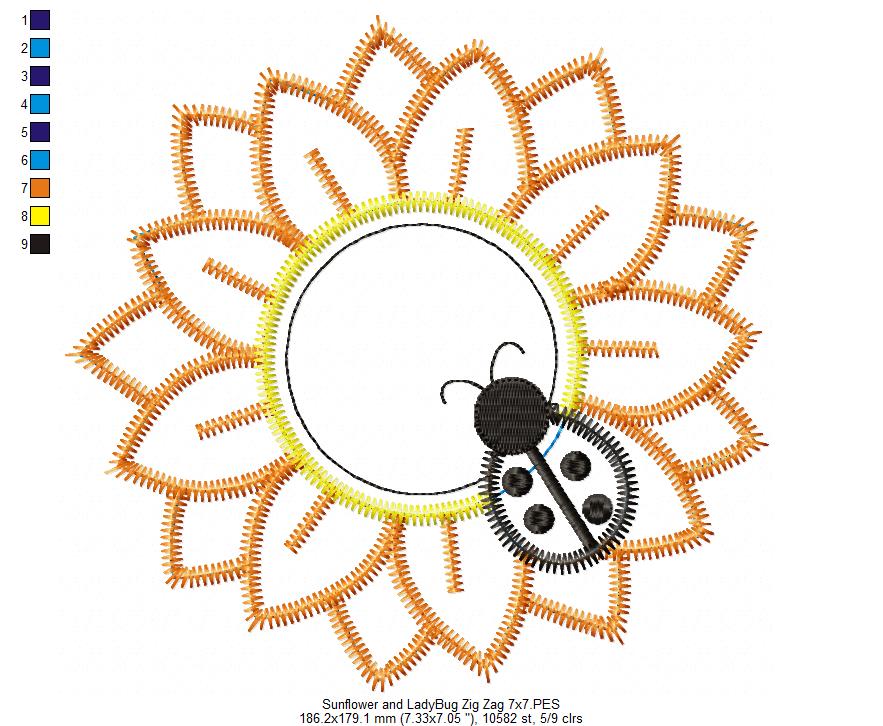 Sunflower with Ladybug – Zigzag Appliqué – Machine Embroidery Design