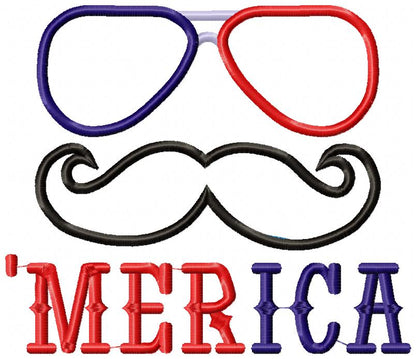 Funny ‘Merica Sunglasses & Mustache – Appliqué – Machine Embroidery Design