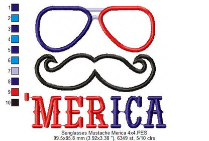 Funny ‘Merica Sunglasses & Mustache – Appliqué – Machine Embroidery Design