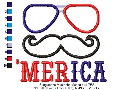 'AMerica Sunglasses and Mustache 4th of July - Applique-Machine Embroidery Design